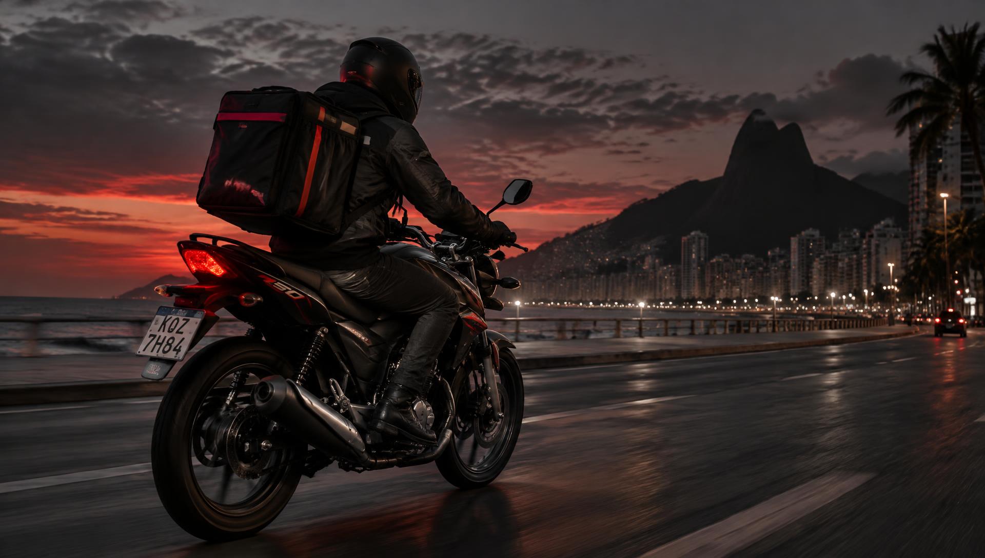 Entregador pilotando moto no litoral